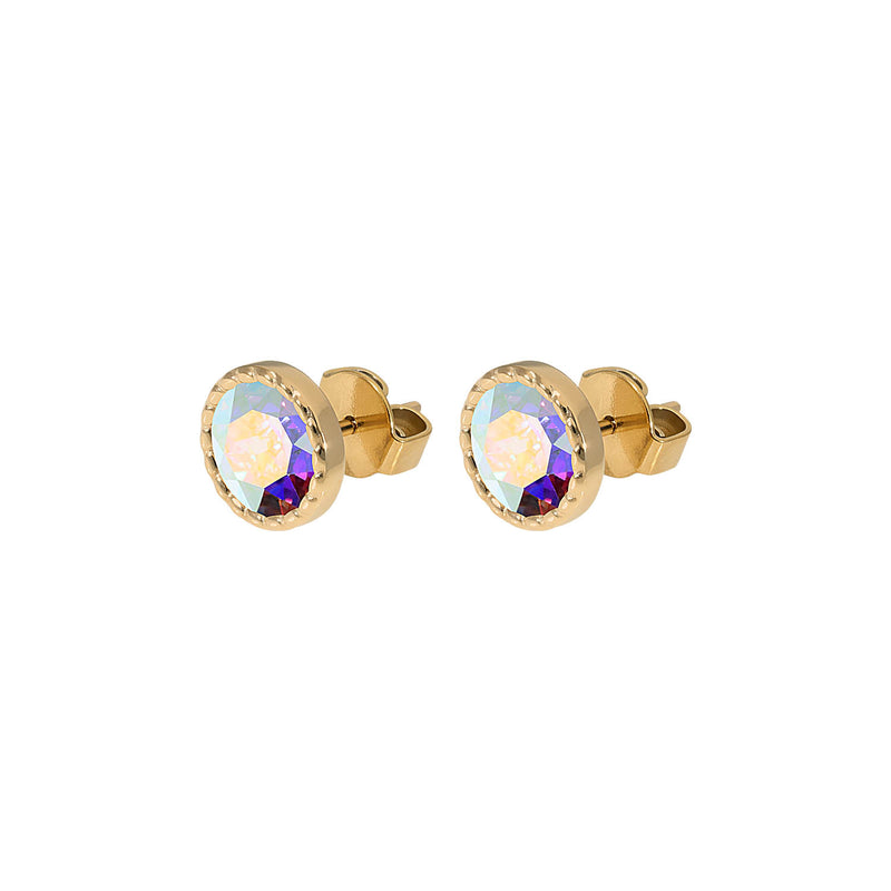 Bocconi Flat Stud Earring 0.35" - Gold crystal aurora boreale